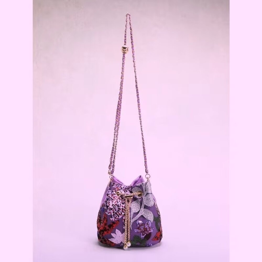 Floral Sequin Bucket Bag Gold Chain Bird Motif Crossbody - Picture 5 of 9